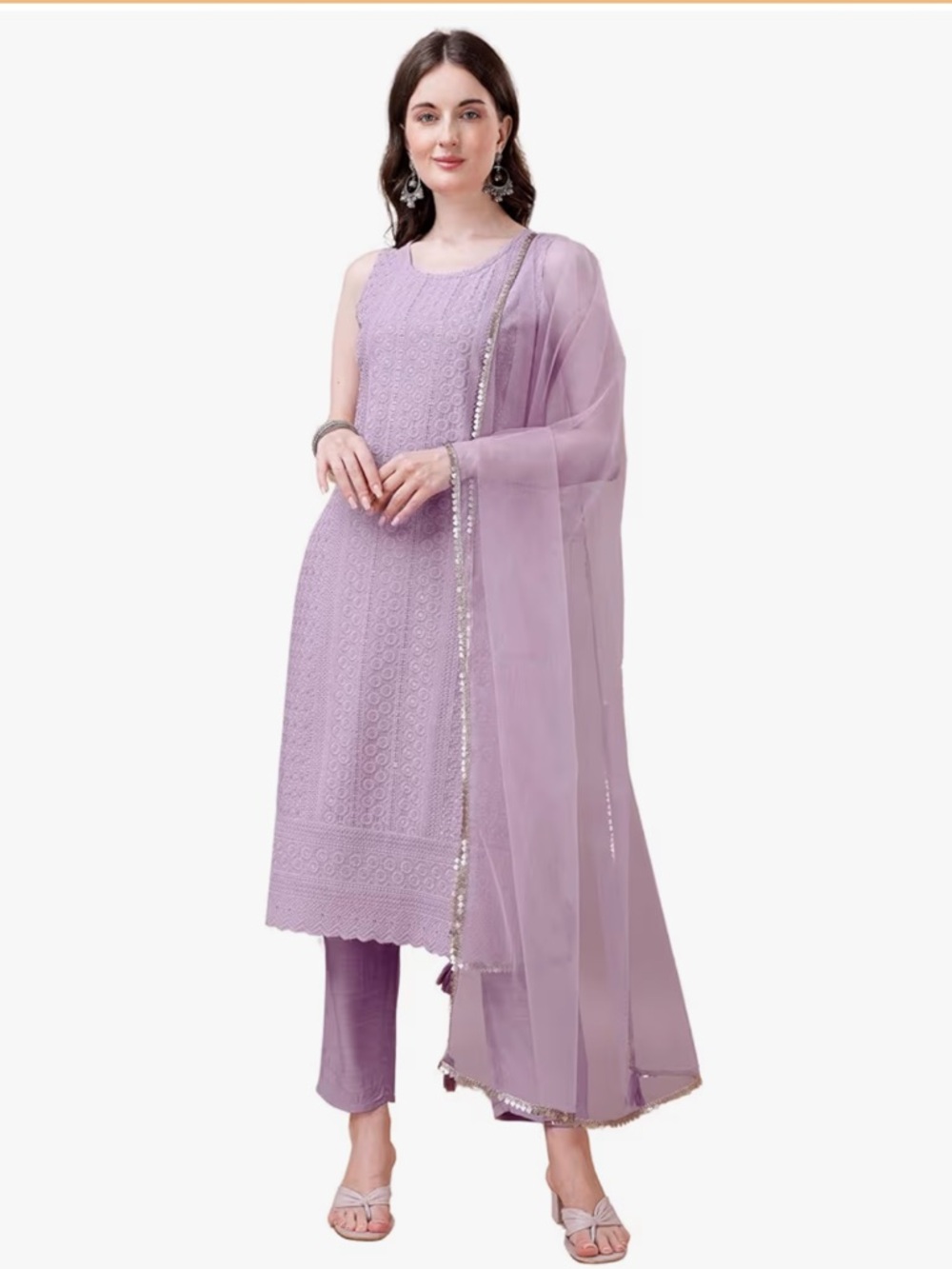 Women's Silk Chikankari Kurta Pant & Dupatta Set in Lavender Indian Outfit